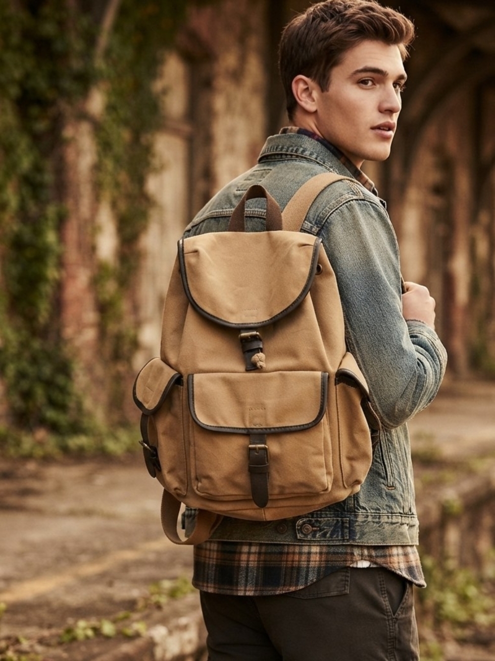 VTG GAP Canvas Military Rucksack Backpack Khaki Brown Leather Trim Utility